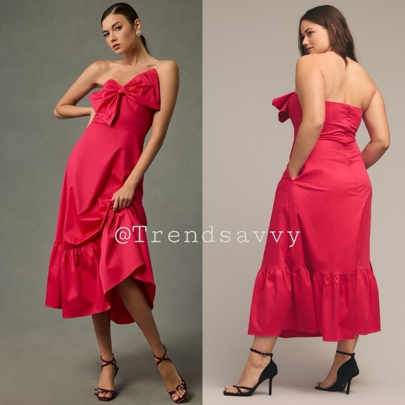 Anthropologie Hutch Bow Strapless Maxi Dress Red Pink 26W NWT